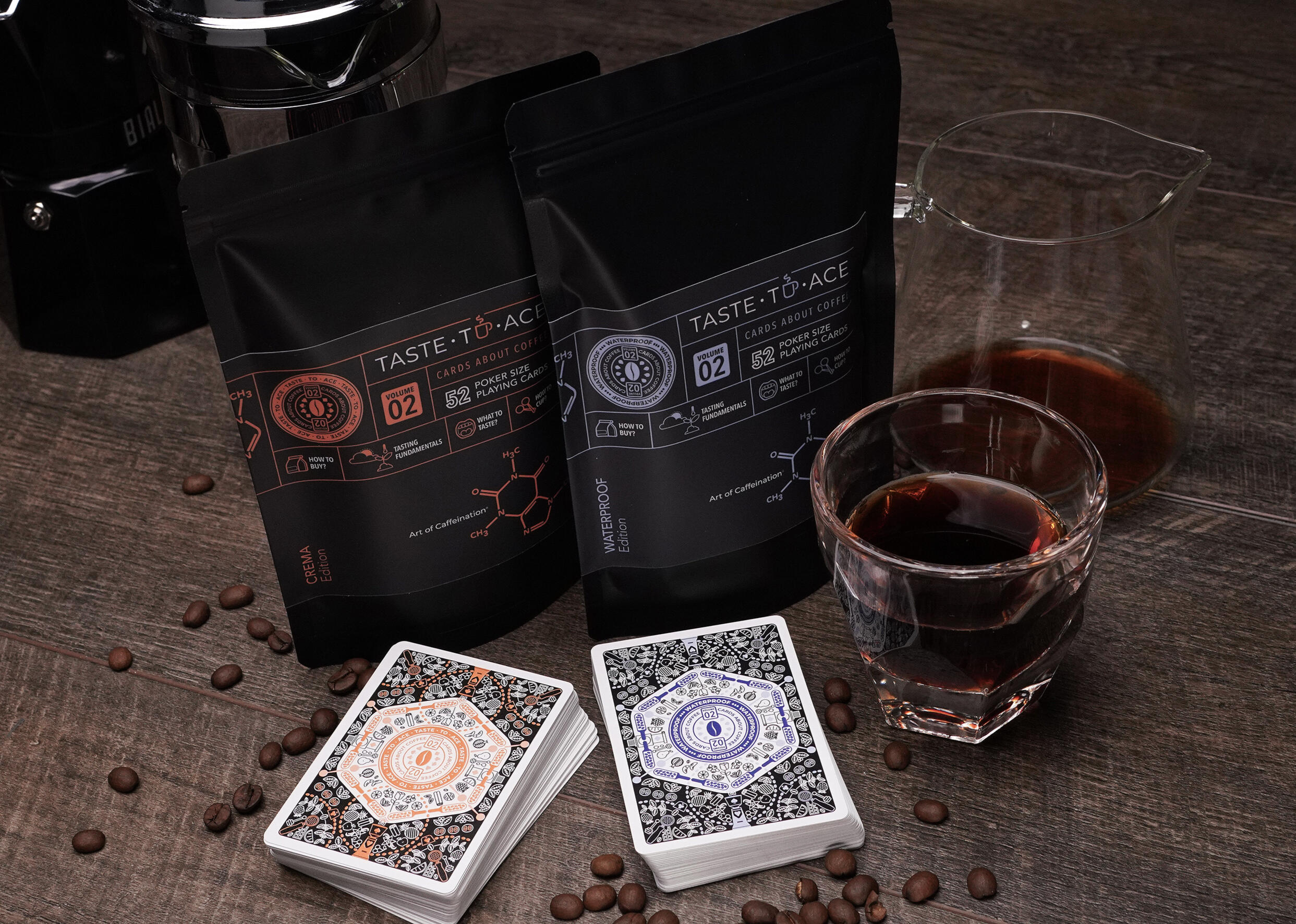 Taste-to-Ace deck - crema and waterproof editions Image of Taste-to-Ace crema and waterproof sets side by side