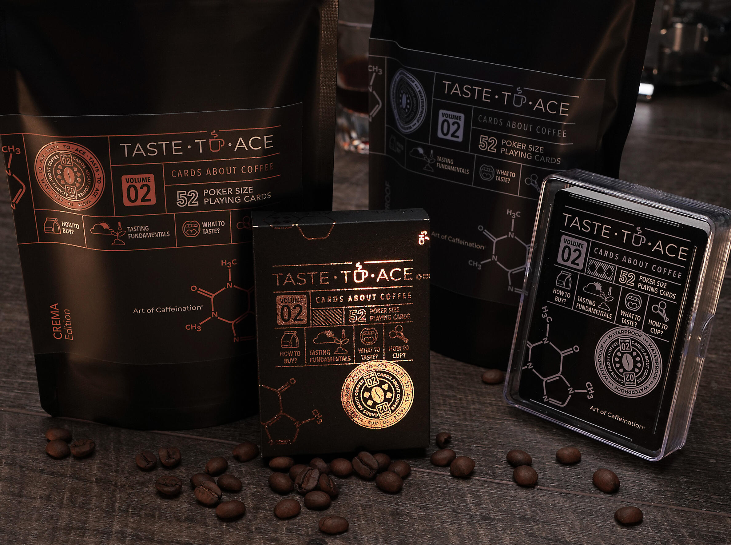 Taste-to-Ace deck - crema and waterproof editions Image of Taste-to-Ace crema and waterproof sets side by side